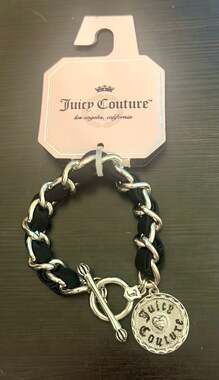 Juicy Couture Silver-Tone Chain Link Toggle Logo Bracelet / Black Fabric Weave